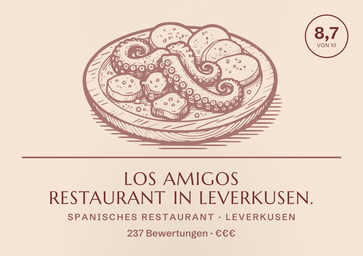 Illustriertes Poster von Los Amigos Restaurant in Leverkusen., Spanisches Restaurant in Leverkusen: Bewertung 8,7 von 10 aus 237 Bewertungen, Preisniveau €€€