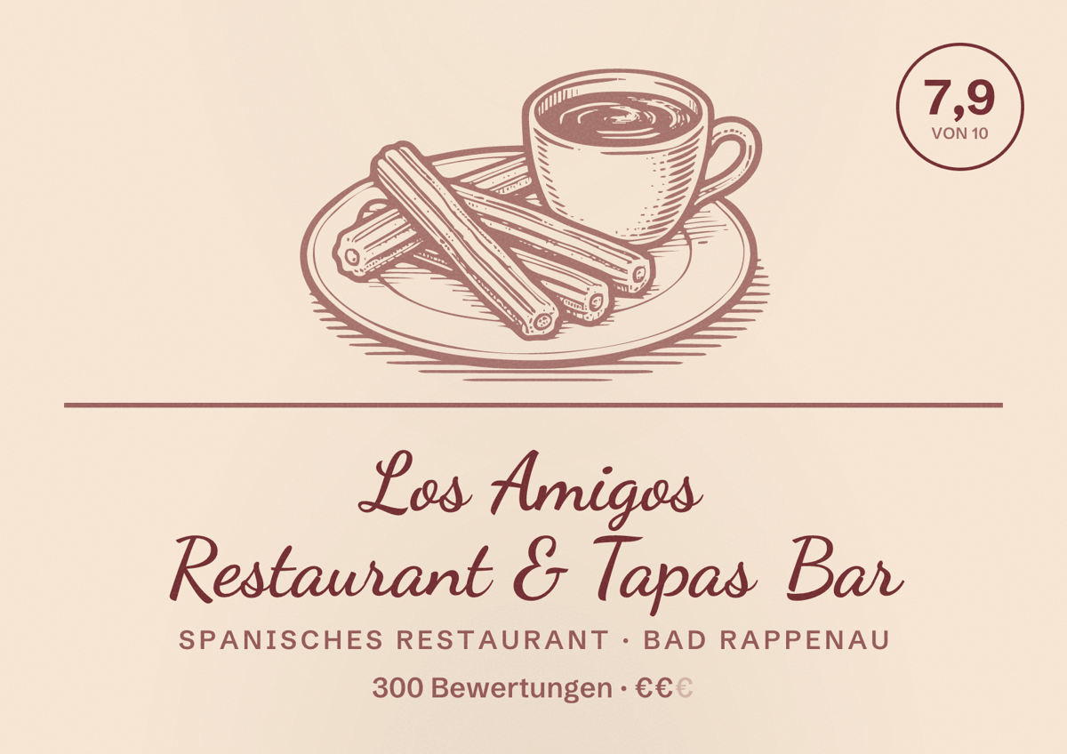 Illustriertes Poster von Los Amigos Restaurant & Tapas Bar, Spanisches Restaurant in Bad Rappenau: Bewertung 7,9 von 10 aus 300 Bewertungen, Preisniveau €€
