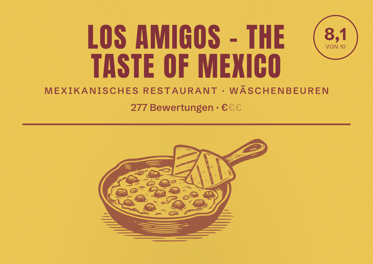 Illustriertes Poster von Los Amigos - The Taste of Mexico, Mexikanisches Restaurant in Wäschenbeuren: Bewertung 8,1 von 10 aus 277 Bewertungen, Preisniveau €