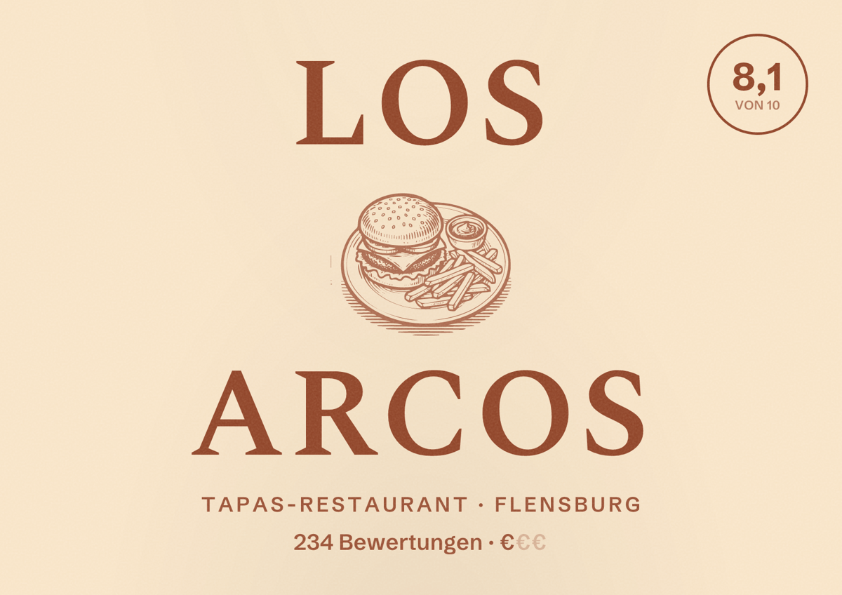 Illustriertes Poster von Los Arcos, Tapas-Restaurant in Flensburg: Bewertung 8,1 von 10 aus 234 Bewertungen, Preisniveau €