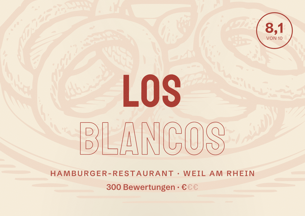 Illustriertes Poster von Los Blancos, Hamburger-Restaurant in Weil am Rhein: Bewertung 8,1 von 10 aus 300 Bewertungen, Preisniveau €