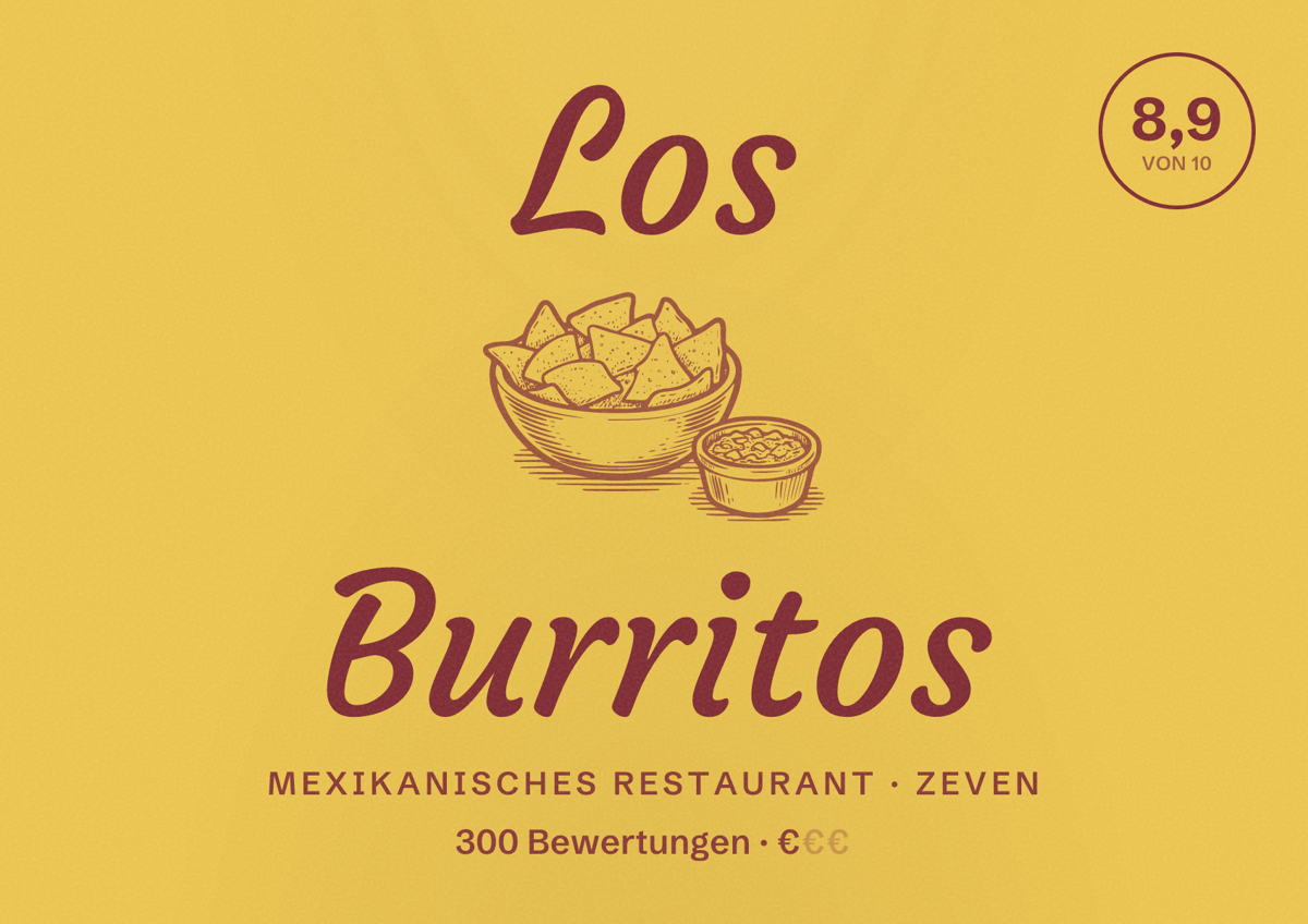 Illustriertes Poster von Los Burritos, Mexikanisches Restaurant in Zeven: Bewertung 8,9 von 10 aus 300 Bewertungen, Preisniveau €
