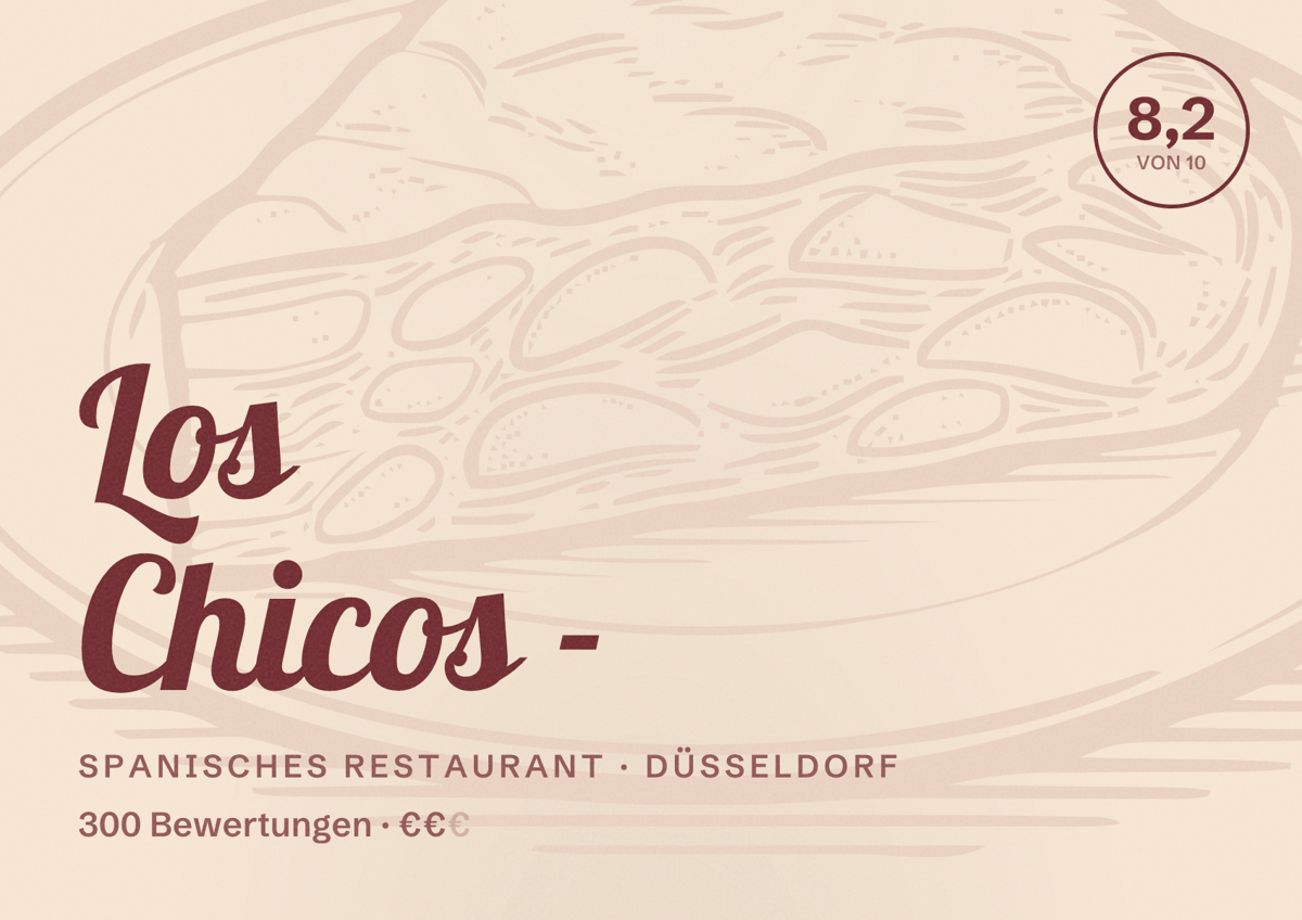 Illustriertes Poster von Los Chicos -, Spanisches Restaurant in Düsseldorf: Bewertung 8,2 von 10 aus 300 Bewertungen, Preisniveau €€