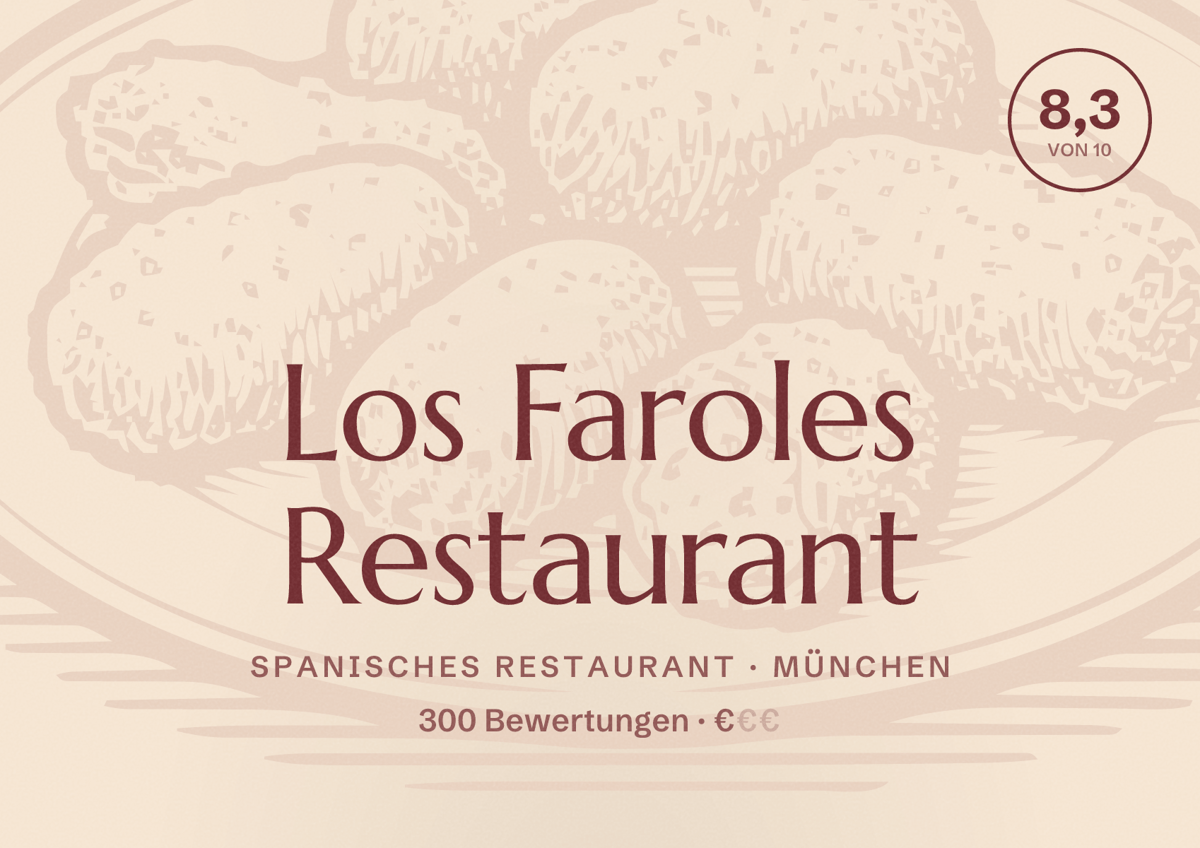 Illustriertes Poster von Los Faroles Restaurant, Spanisches Restaurant in München: Bewertung 8,3 von 10 aus 300 Bewertungen, Preisniveau €