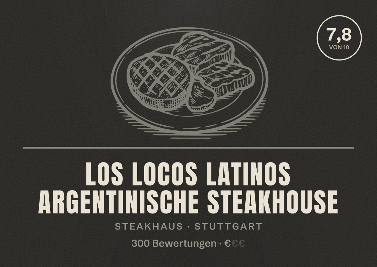 Illustriertes Poster von Los Locos Latinos Argentinische Steakhouse, Steakhaus in Stuttgart: Bewertung 7,8 von 10 aus 300 Bewertungen, Preisniveau €
