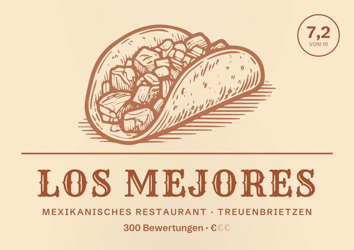Illustriertes Poster von Los Mejores, Mexikanisches Restaurant in Treuenbrietzen: Bewertung 7,2 von 10 aus 300 Bewertungen, Preisniveau €