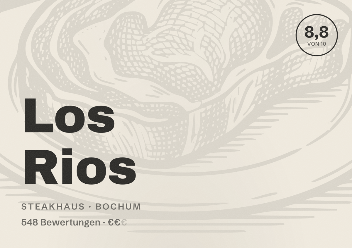 Illustriertes Poster von Los Rios, Steakhaus in Bochum: Bewertung 8,8 von 10 aus 548 Bewertungen, Preisniveau €€
