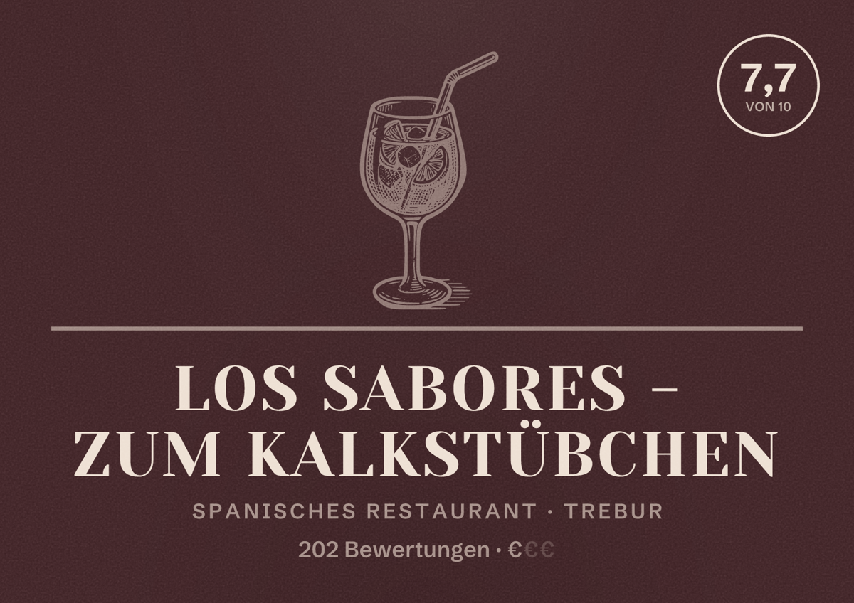 Illustriertes Poster von Los Sabores - Zum Kalkstübchen, Spanisches Restaurant in Trebur: Bewertung 7,7 von 10 aus 202 Bewertungen, Preisniveau €