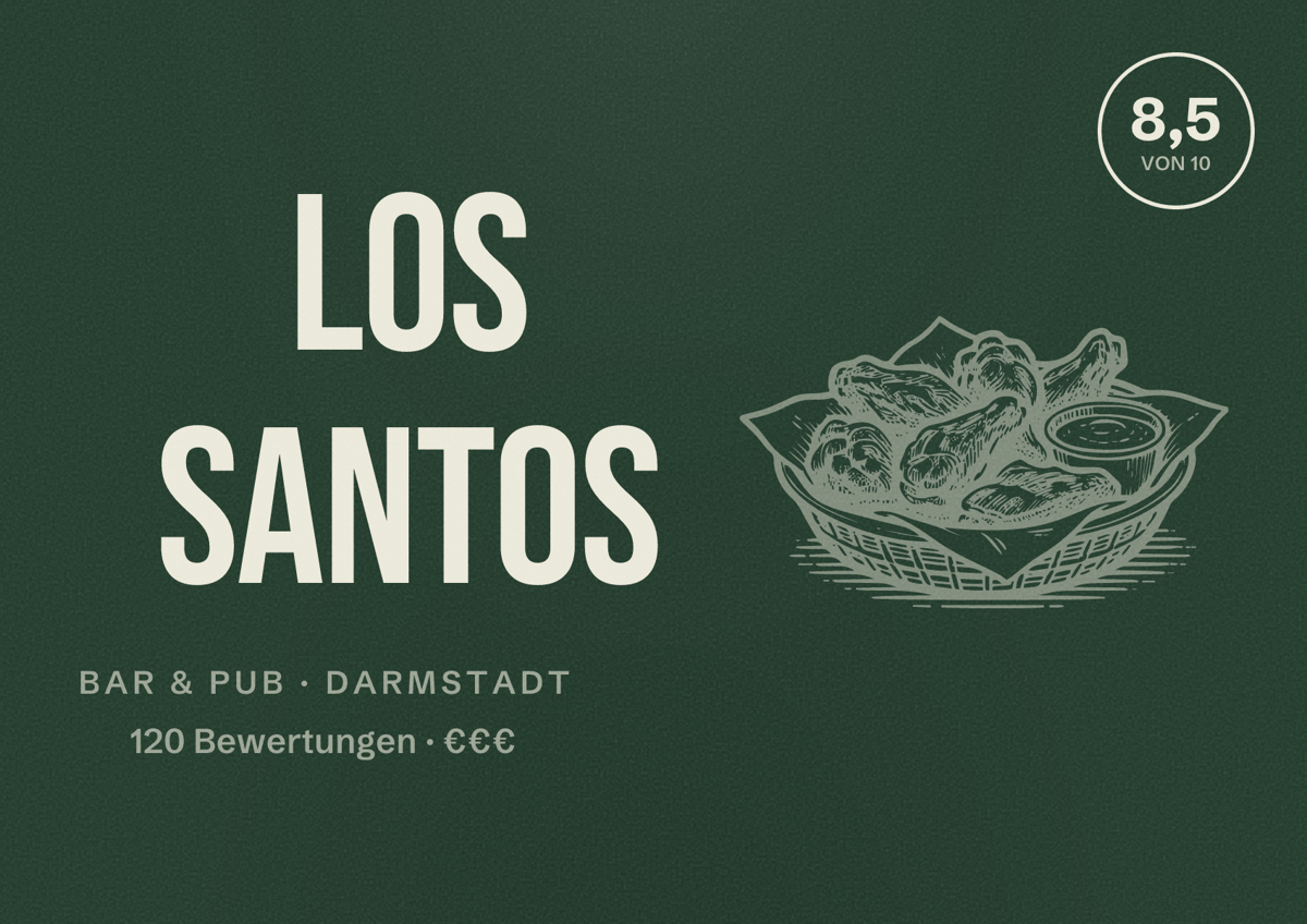 Illustriertes Poster von Los Santos, Bar & Pub in Darmstadt: Bewertung 8,5 von 10 aus 120 Bewertungen, Preisniveau €€€