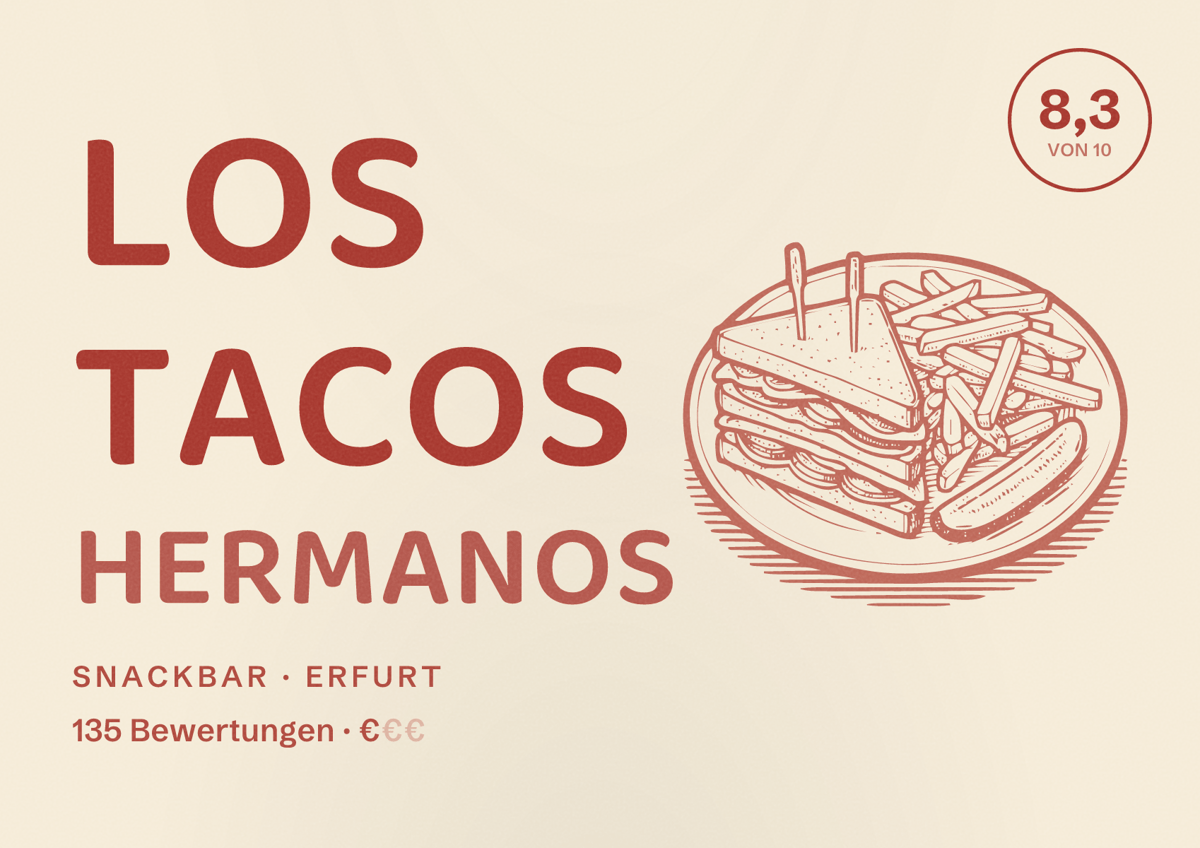 Illustriertes Poster von Los Tacos Hermanos, Snackbar in Erfurt: Bewertung 8,3 von 10 aus 135 Bewertungen, Preisniveau €