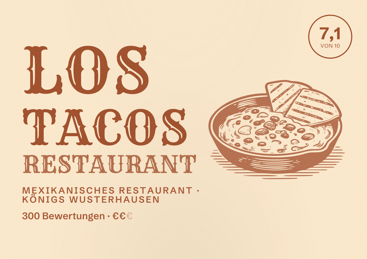Illustriertes Poster von Los Tacos Restaurant, Mexikanisches Restaurant in Königs Wusterhausen: Bewertung 7,1 von 10 aus 300 Bewertungen, Preisniveau €€
