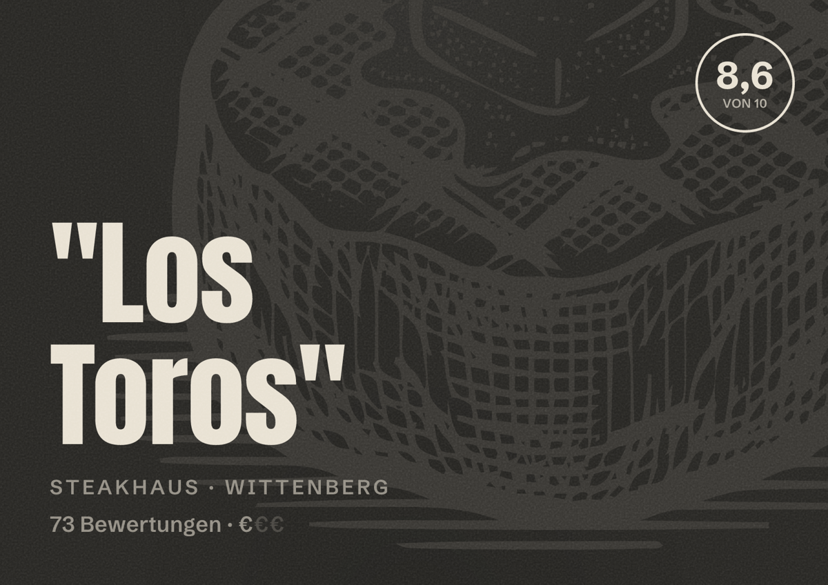 Illustriertes Poster von "Los Toros", Steakhaus in Wittenberg: Bewertung 8,6 von 10 aus 73 Bewertungen, Preisniveau €