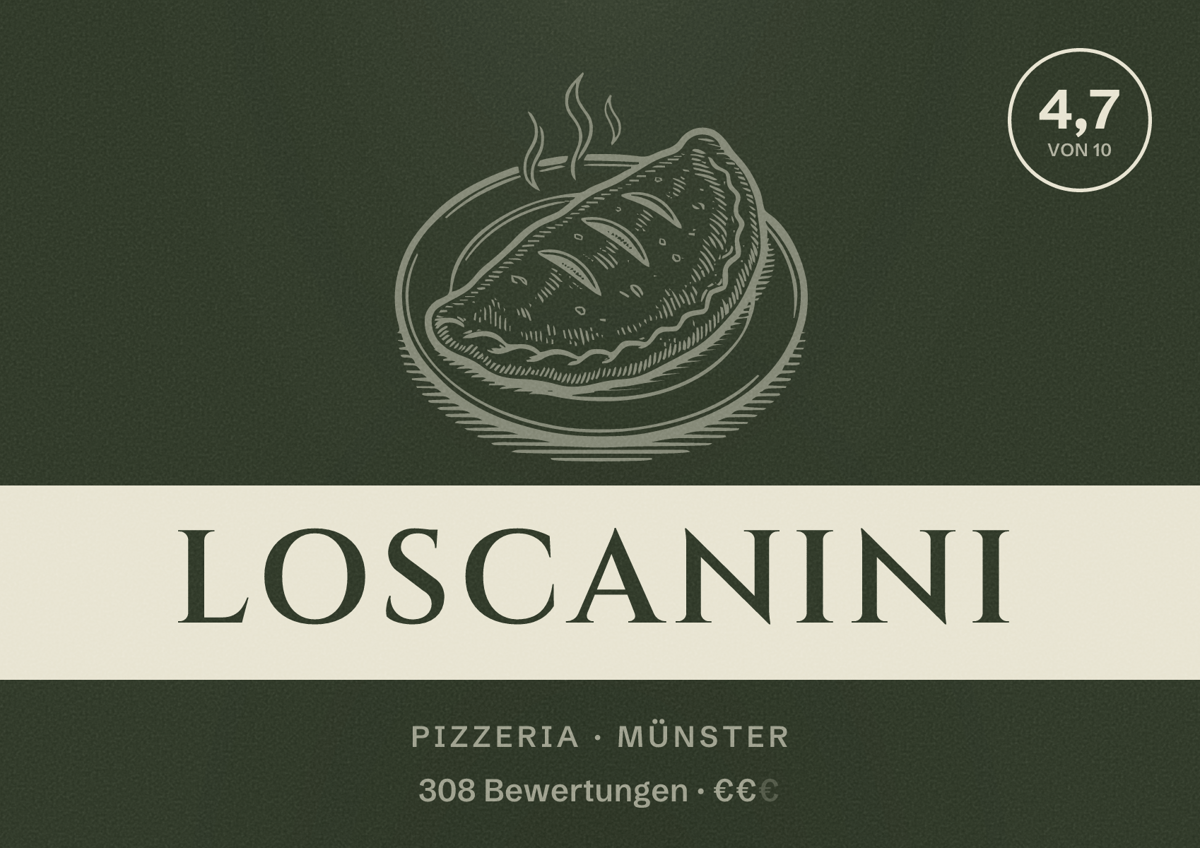 Illustriertes Poster von Loscanini, Pizzeria in Münster: Bewertung 4,7 von 10 aus 308 Bewertungen, Preisniveau €€