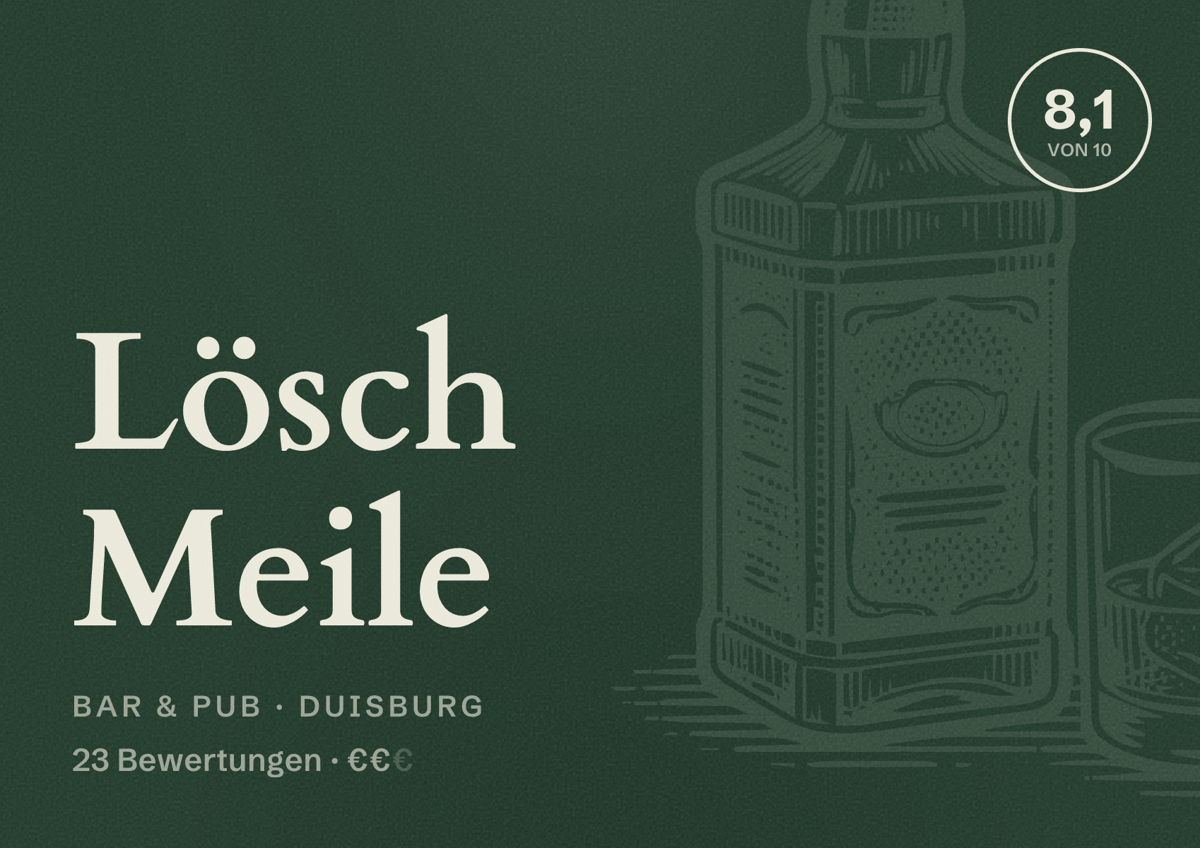 Illustriertes Poster von Lösch Meile, Bar & Pub in Duisburg: Bewertung 8,1 von 10 aus 23 Bewertungen, Preisniveau €€