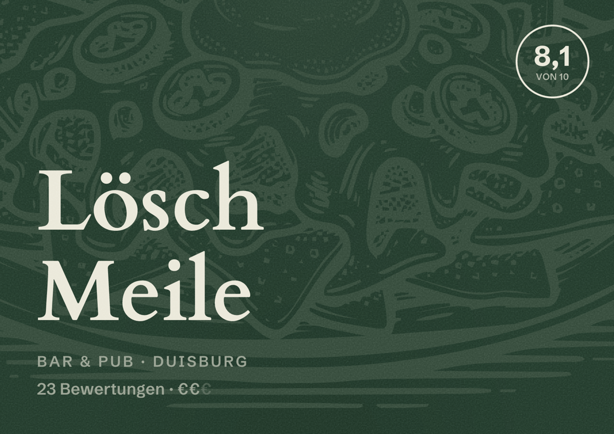 Illustriertes Poster von Lösch Meile, Bar & Pub in Duisburg: Bewertung 8,1 von 10 aus 23 Bewertungen, Preisniveau €€