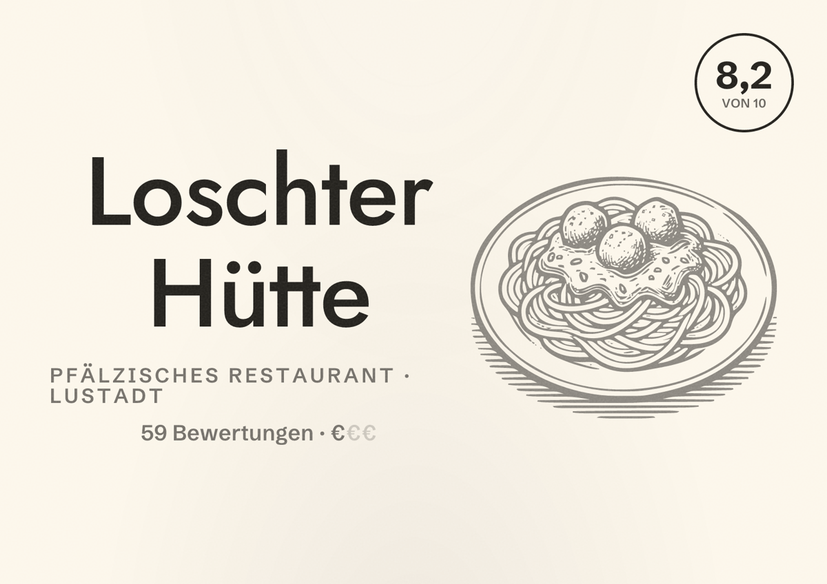 Illustriertes Poster von Loschter Hütte, Pfälzisches Restaurant in Lustadt: Bewertung 8,2 von 10 aus 59 Bewertungen, Preisniveau €