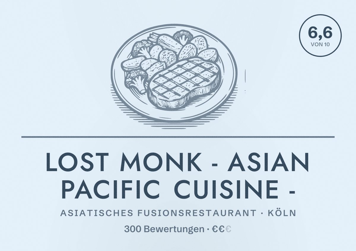 Illustriertes Poster von Lost Monk - Asian Pacific Cuisine -, Asiatisches Fusionsrestaurant in Köln: Bewertung 6,6 von 10 aus 300 Bewertungen, Preisniveau €€