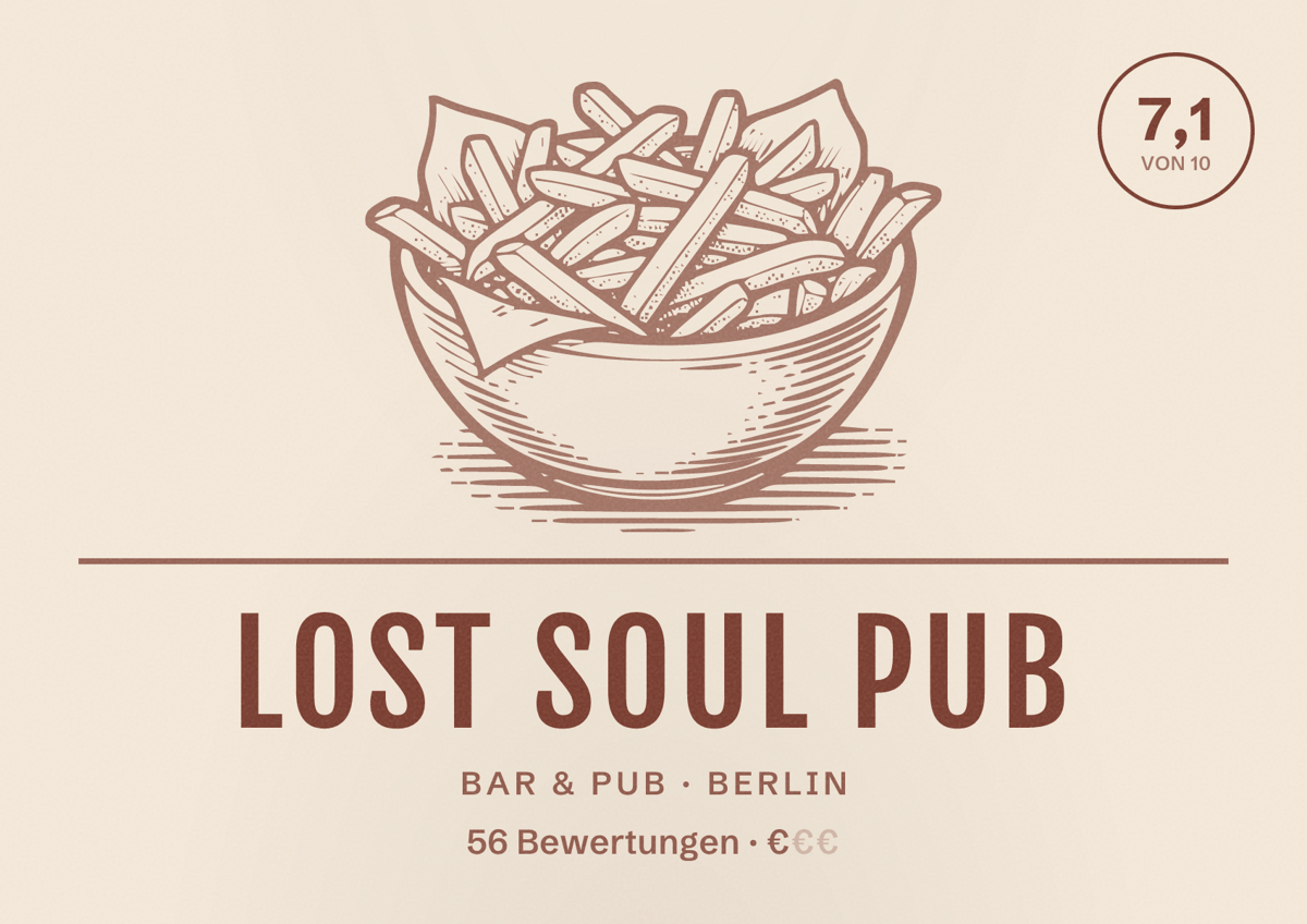 Illustriertes Poster von Lost Soul Pub, Bar & Pub in Berlin: Bewertung 7,1 von 10 aus 56 Bewertungen, Preisniveau €