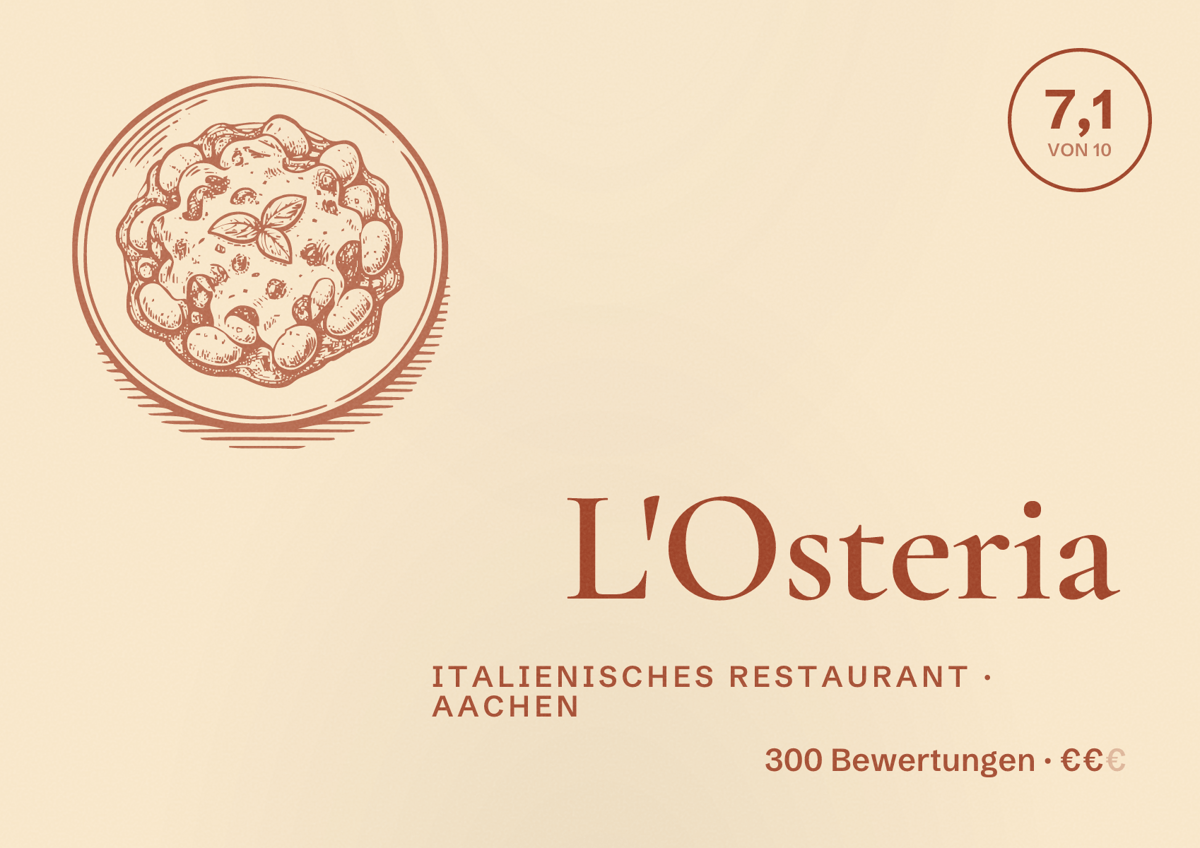 Illustriertes Poster von L'Osteria, Italienisches Restaurant in Aachen: Bewertung 7,1 von 10 aus 300 Bewertungen, Preisniveau €€