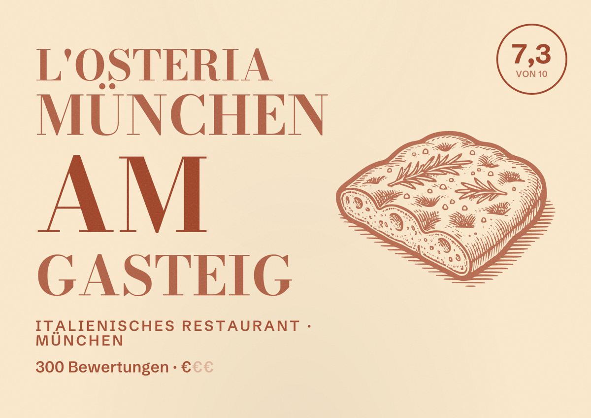Illustriertes Poster von L'Osteria München am Gasteig, Italienisches Restaurant in München: Bewertung 7,3 von 10 aus 300 Bewertungen, Preisniveau €