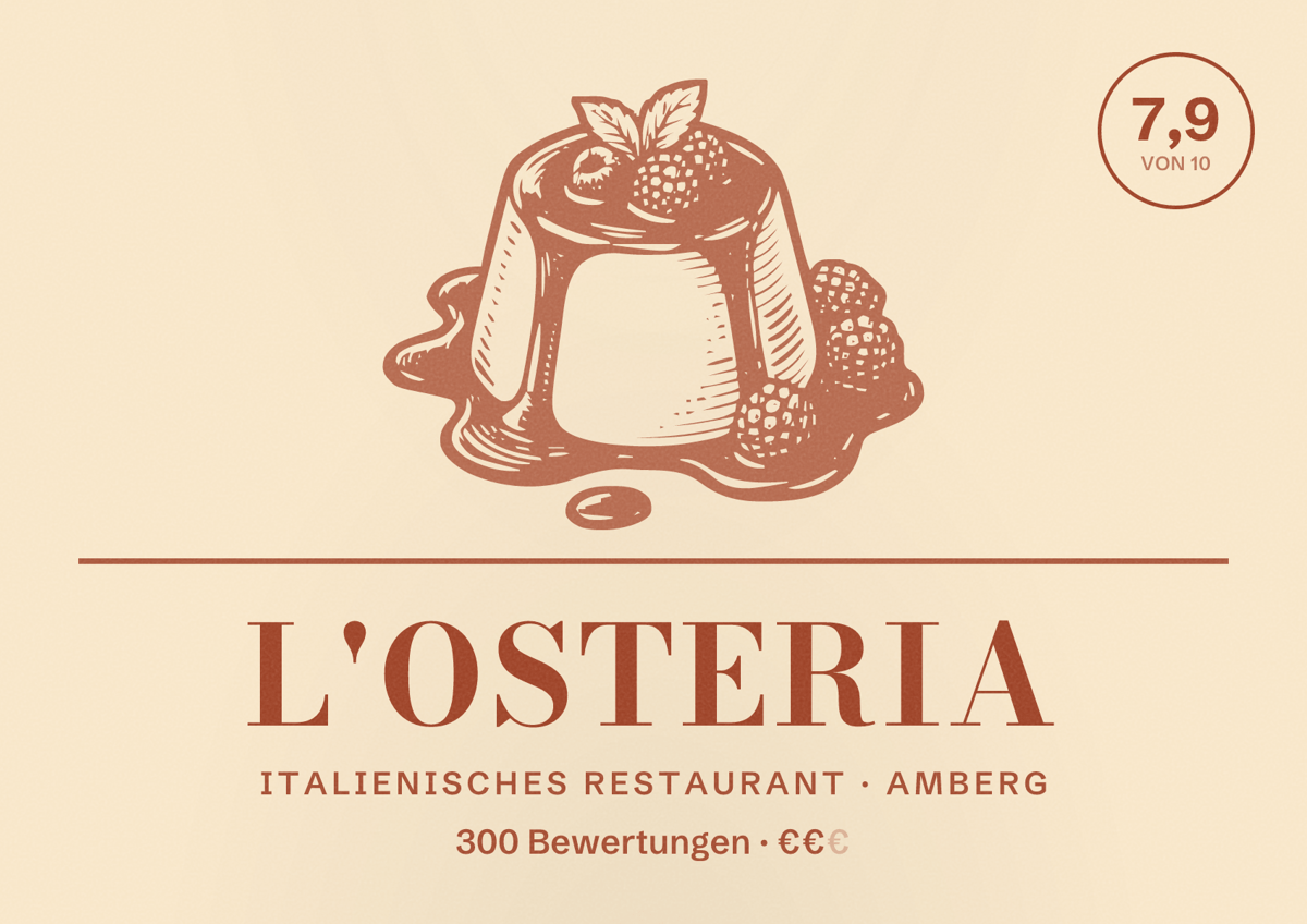 Illustriertes Poster von L'Osteria, Italienisches Restaurant in Amberg: Bewertung 7,9 von 10 aus 300 Bewertungen, Preisniveau €€