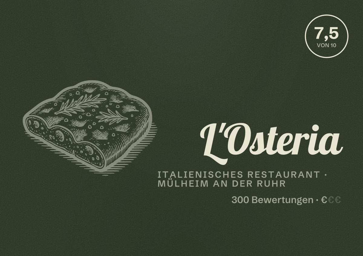 Illustriertes Poster von L'Osteria, Italienisches Restaurant in Mülheim an der Ruhr: Bewertung 7,5 von 10 aus 300 Bewertungen, Preisniveau €