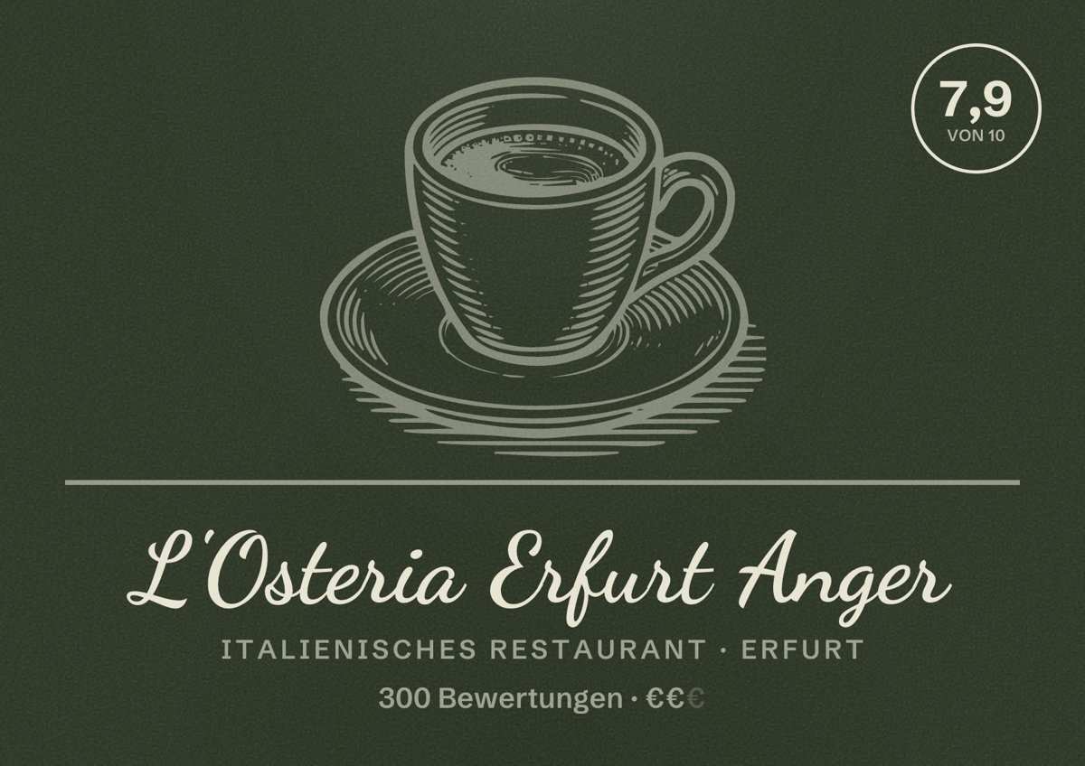 Illustriertes Poster von L'Osteria Erfurt Anger, Italienisches Restaurant in Erfurt: Bewertung 7,9 von 10 aus 300 Bewertungen, Preisniveau €€