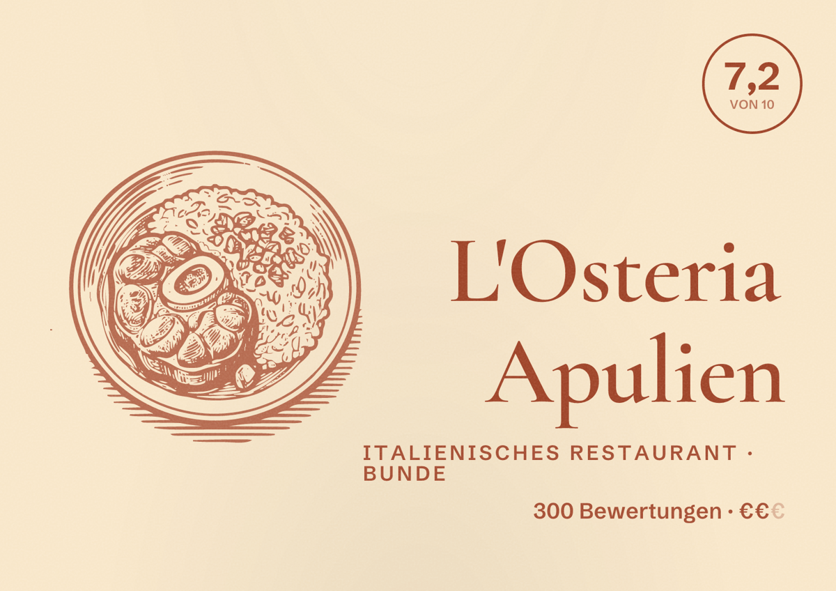 Illustriertes Poster von L'Osteria Apulien, Italienisches Restaurant in Bunde: Bewertung 7,2 von 10 aus 300 Bewertungen, Preisniveau €€