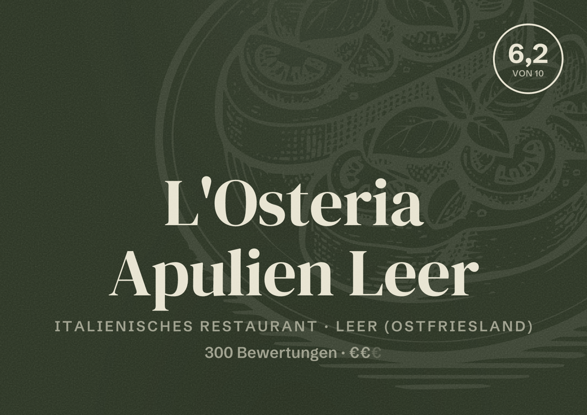 Illustriertes Poster von L'Osteria Apulien Leer, Italienisches Restaurant in Leer (Ostfriesland): Bewertung 6,2 von 10 aus 300 Bewertungen, Preisniveau €€