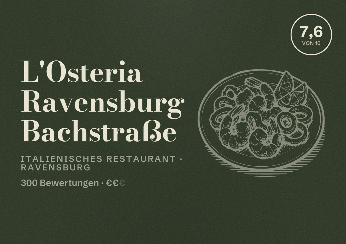 Illustriertes Poster von L'Osteria Ravensburg Bachstraße, Italienisches Restaurant in Ravensburg: Bewertung 7,6 von 10 aus 300 Bewertungen, Preisniveau €€