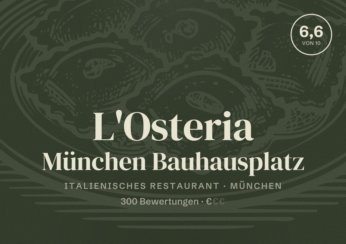 Illustriertes Poster von L'Osteria München Bauhausplatz, Italienisches Restaurant in München: Bewertung 6,6 von 10 aus 300 Bewertungen, Preisniveau €