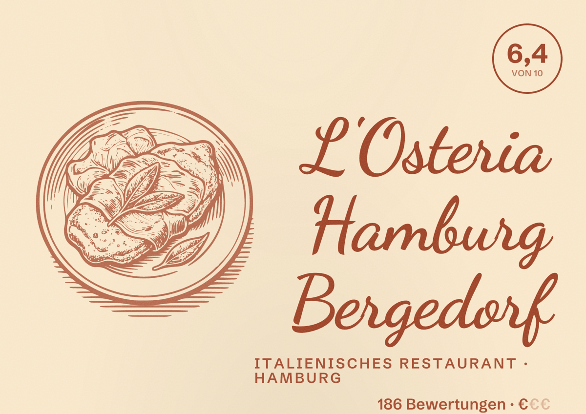 Illustriertes Poster von L'Osteria Hamburg Bergedorf, Italienisches Restaurant in Hamburg: Bewertung 6,4 von 10 aus 186 Bewertungen, Preisniveau €