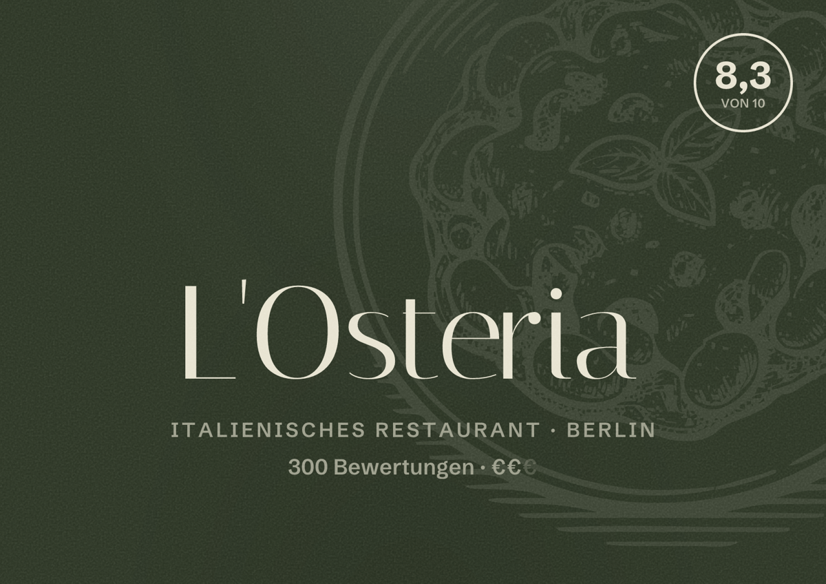Illustriertes Poster von L'Osteria, Italienisches Restaurant in Berlin: Bewertung 8,3 von 10 aus 300 Bewertungen, Preisniveau €€
