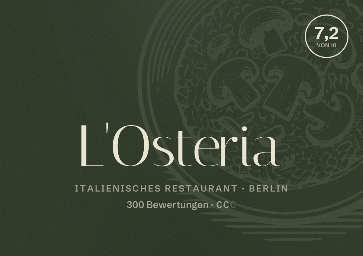 Illustriertes Poster von L'Osteria, Italienisches Restaurant in Berlin: Bewertung 7,2 von 10 aus 300 Bewertungen, Preisniveau €€