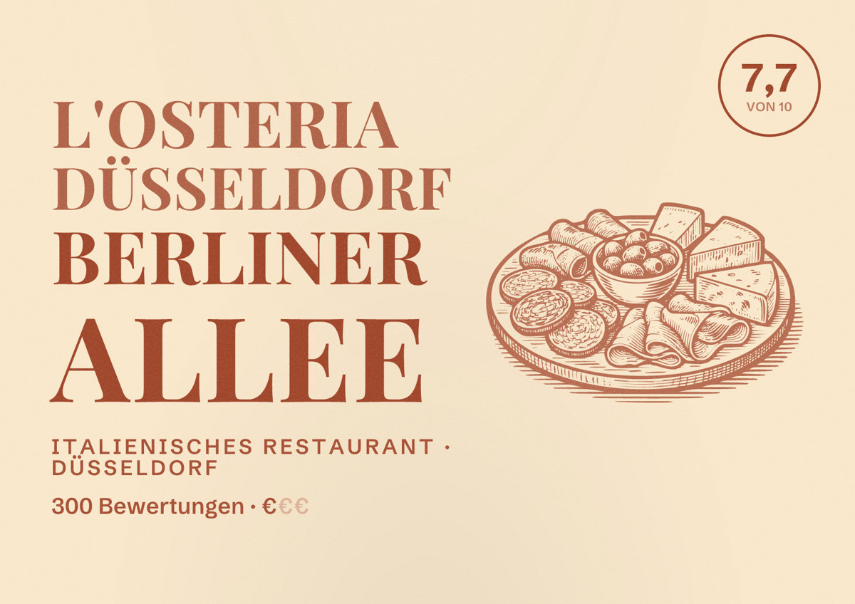 Illustriertes Poster von L'Osteria Düsseldorf Berliner Allee, Italienisches Restaurant in Düsseldorf: Bewertung 7,7 von 10 aus 300 Bewertungen, Preisniveau €