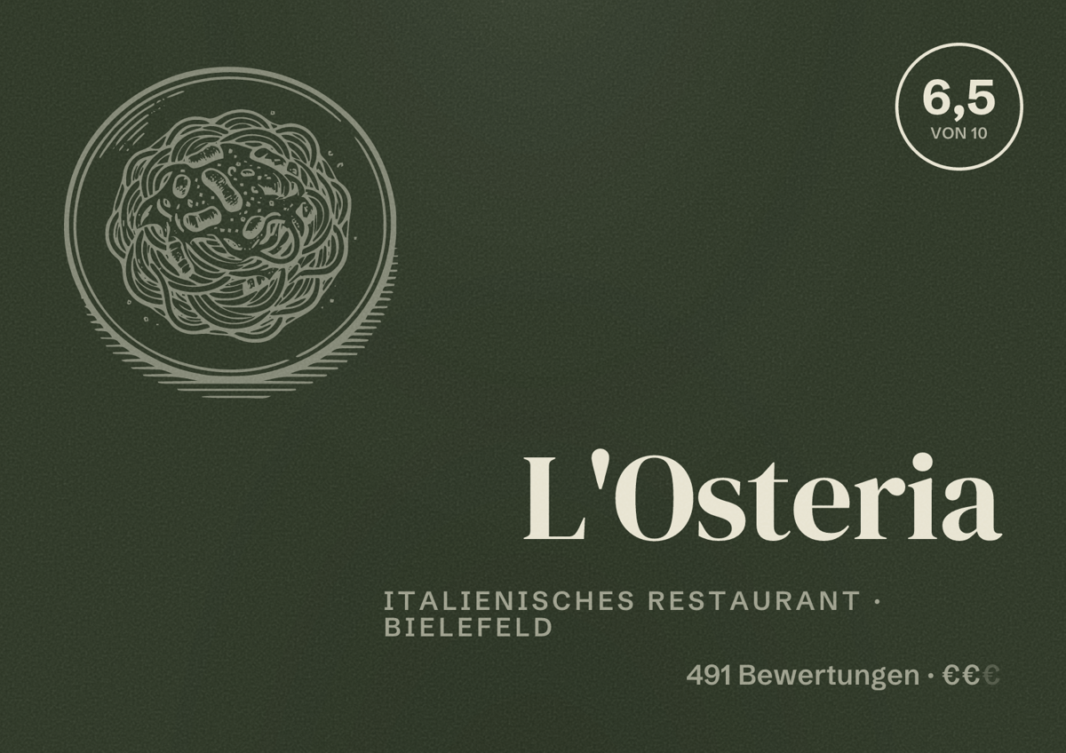 Illustriertes Poster von L'Osteria, Italienisches Restaurant in Bielefeld: Bewertung 6,5 von 10 aus 491 Bewertungen, Preisniveau €€