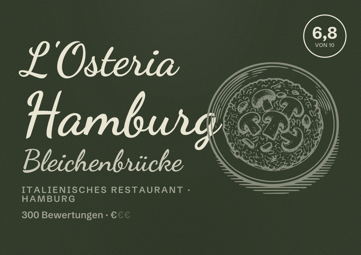 Illustriertes Poster von L'Osteria Hamburg Bleichenbrücke, Italienisches Restaurant in Hamburg: Bewertung 6,8 von 10 aus 300 Bewertungen, Preisniveau €