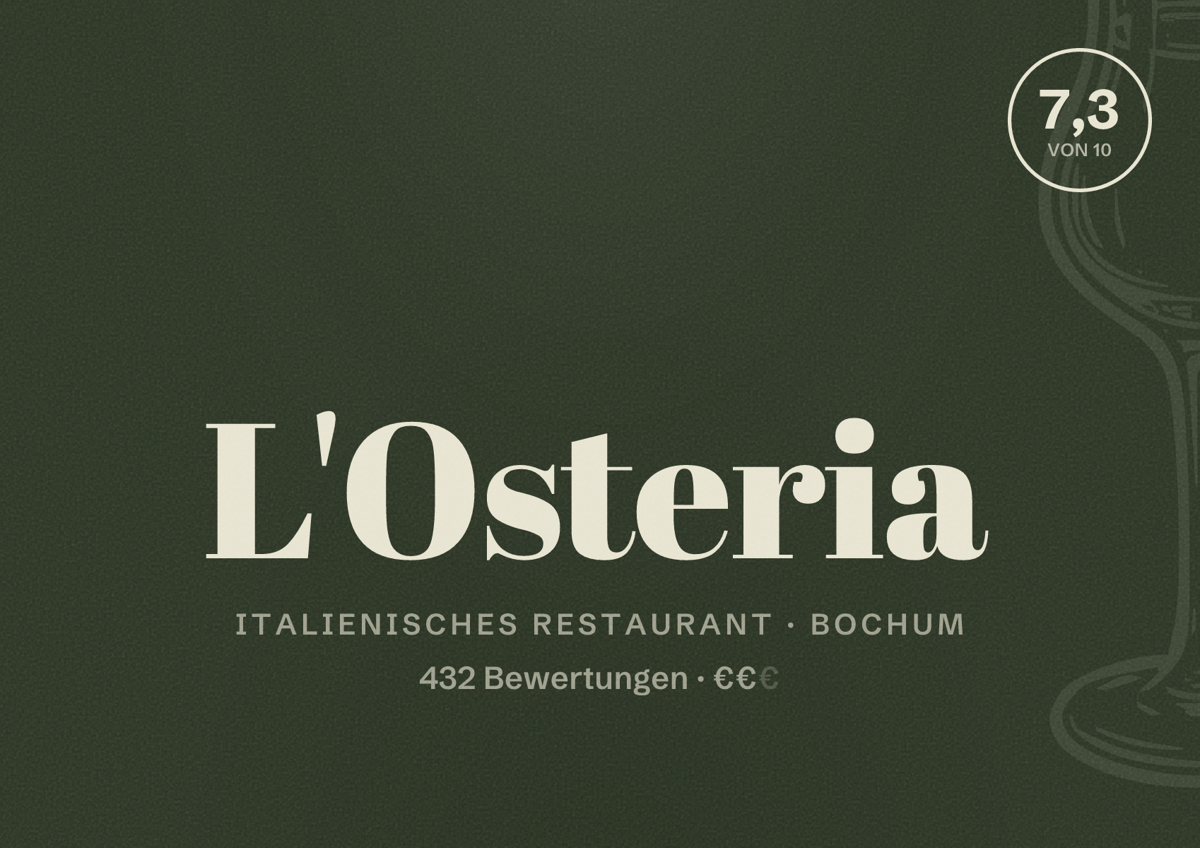 Illustriertes Poster von L'Osteria, Italienisches Restaurant in Bochum: Bewertung 7,3 von 10 aus 432 Bewertungen, Preisniveau €€