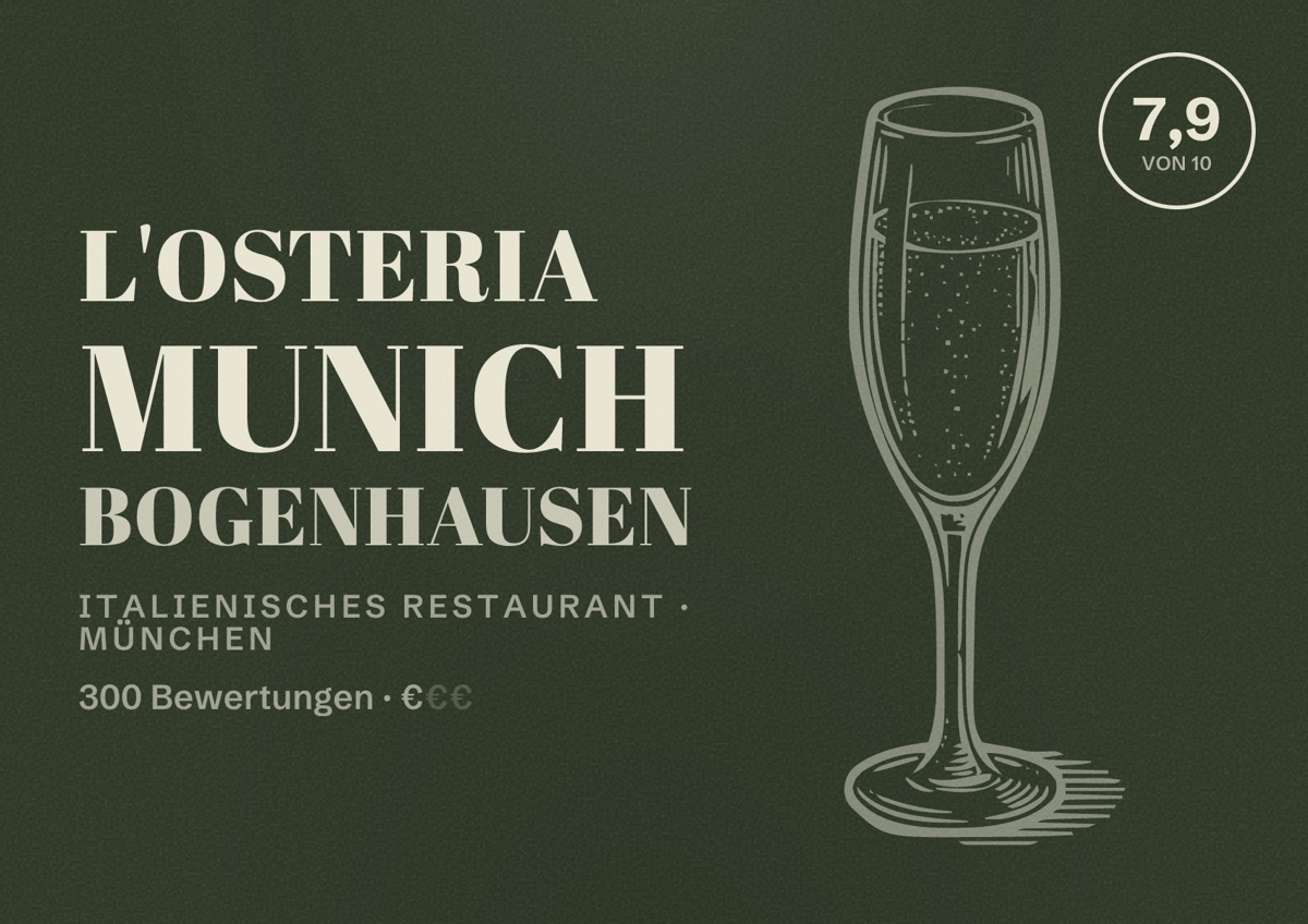 Illustriertes Poster von L'Osteria Munich Bogenhausen, Italienisches Restaurant in München: Bewertung 7,9 von 10 aus 300 Bewertungen, Preisniveau €