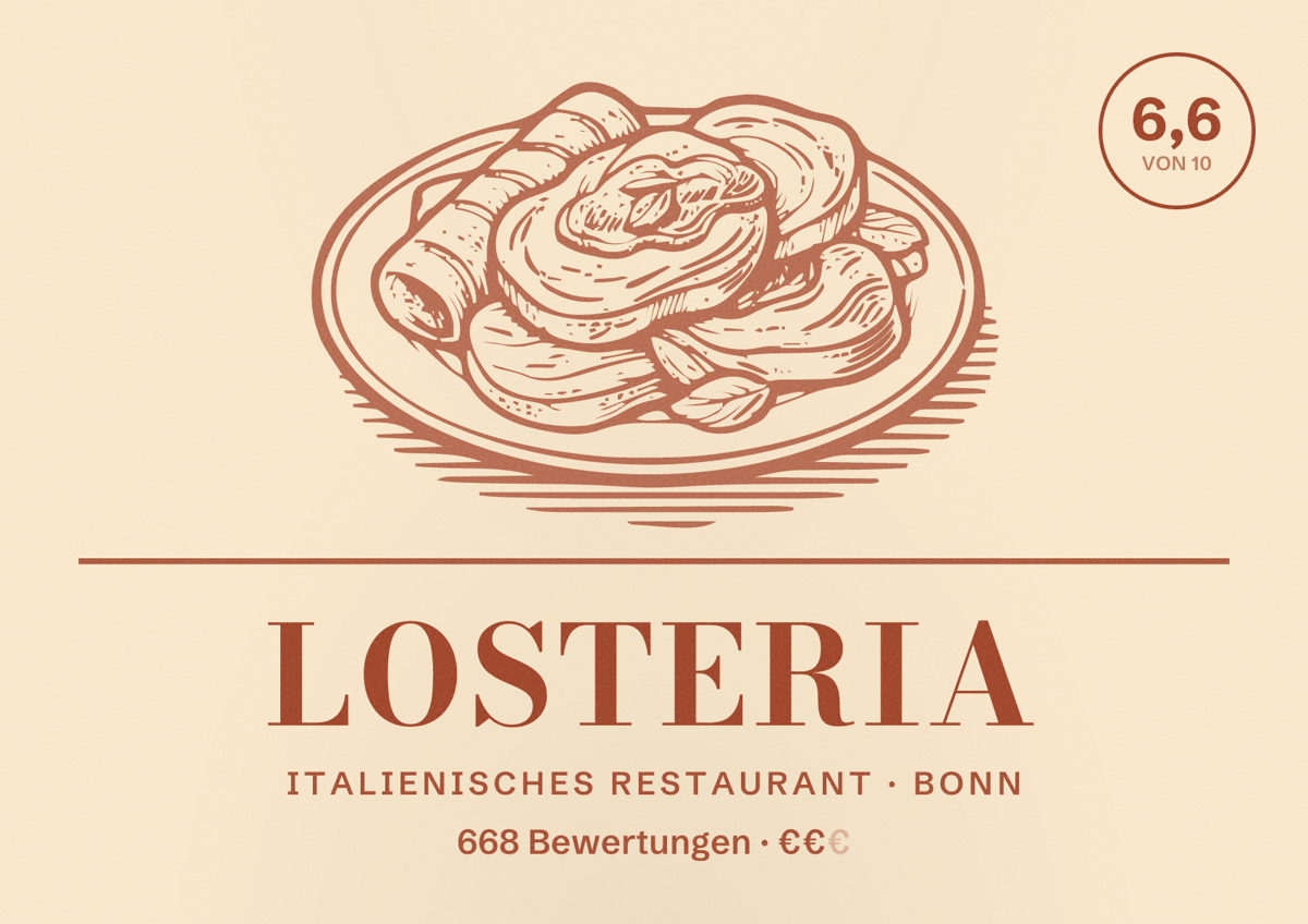 Illustriertes Poster von LOsteria, Italienisches Restaurant in Bonn: Bewertung 6,6 von 10 aus 668 Bewertungen, Preisniveau €€
