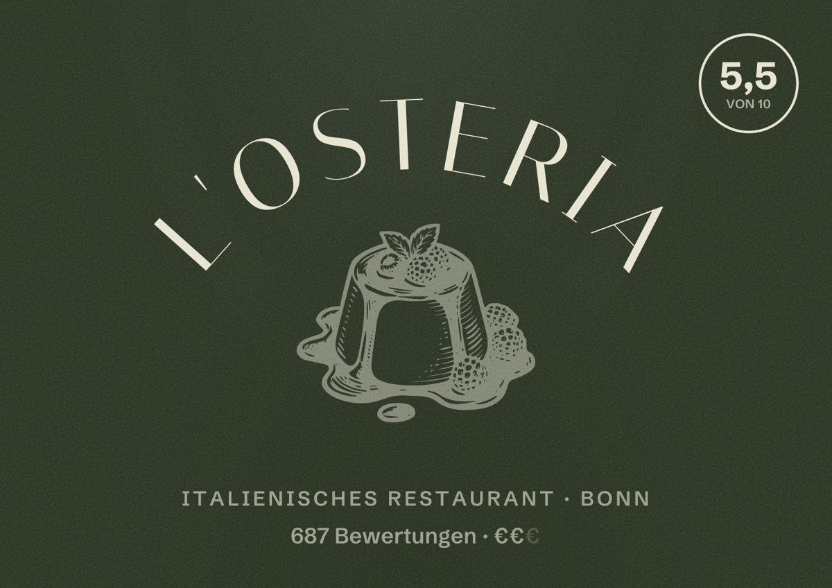 Illustriertes Poster von L'Osteria, Italienisches Restaurant in Bonn: Bewertung 5,5 von 10 aus 687 Bewertungen, Preisniveau €€