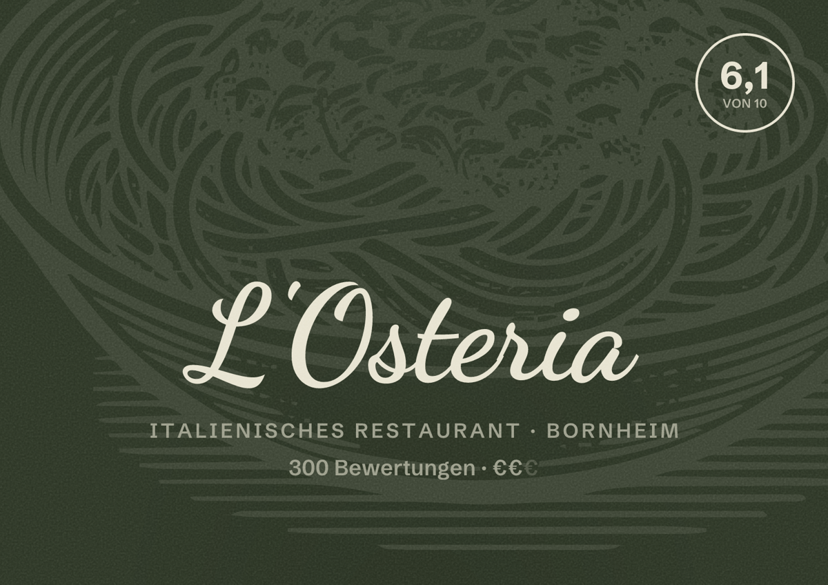 Illustriertes Poster von L'Osteria, Italienisches Restaurant in Bornheim: Bewertung 6,1 von 10 aus 300 Bewertungen, Preisniveau €€