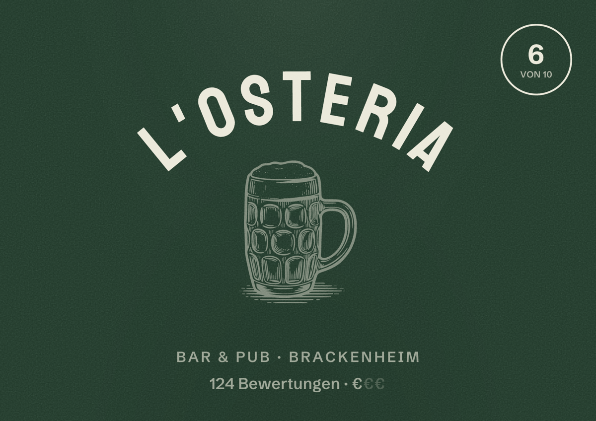 Illustriertes Poster von L'Osteria, Bar & Pub in Brackenheim: Bewertung 6 von 10 aus 124 Bewertungen, Preisniveau €