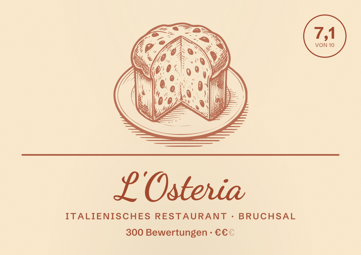 Illustriertes Poster von L'Osteria, Italienisches Restaurant in Bruchsal: Bewertung 7,1 von 10 aus 300 Bewertungen, Preisniveau €€