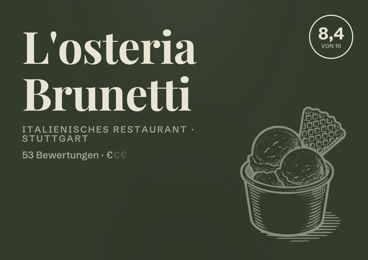 Illustriertes Poster von L'osteria Brunetti, Italienisches Restaurant in Stuttgart: Bewertung 8,4 von 10 aus 53 Bewertungen, Preisniveau €