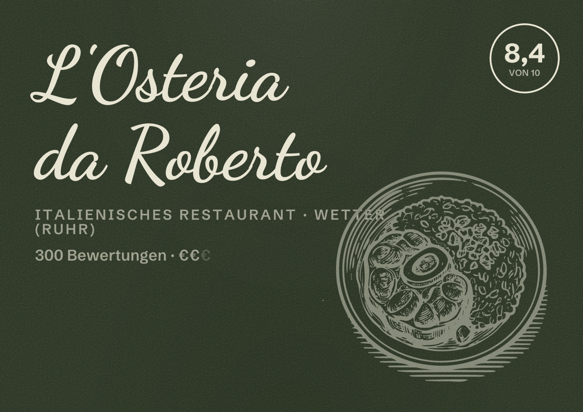 Illustriertes Poster von L'Osteria da Roberto, Italienisches Restaurant in Wetter (Ruhr): Bewertung 8,4 von 10 aus 300 Bewertungen, Preisniveau €€