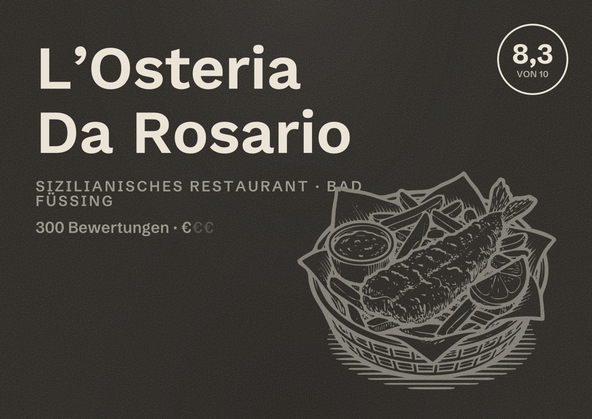 Illustriertes Poster von L’Osteria Da Rosario, Sizilianisches Restaurant in Bad Füssing: Bewertung 8,3 von 10 aus 300 Bewertungen, Preisniveau €
