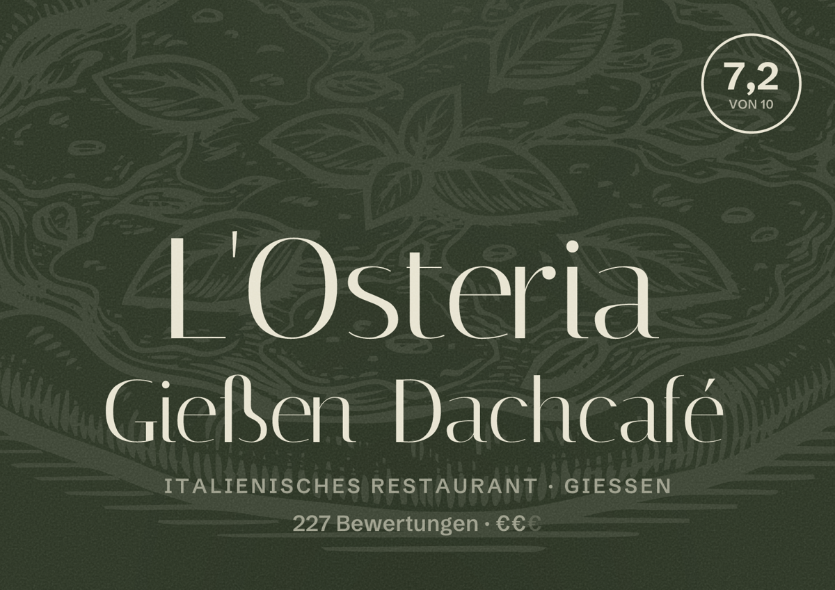 Illustriertes Poster von L'Osteria Gießen Dachcafé, Italienisches Restaurant in Gießen: Bewertung 7,2 von 10 aus 227 Bewertungen, Preisniveau €€