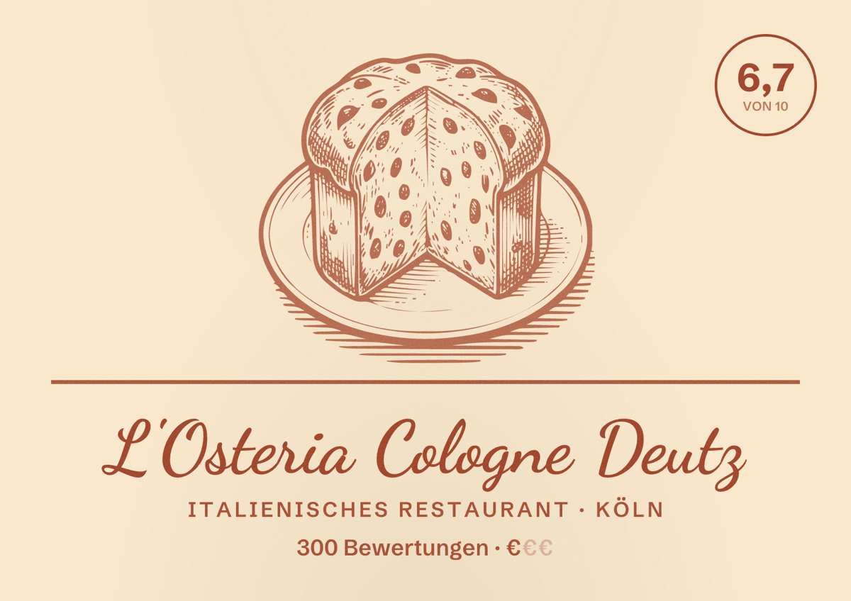 Illustriertes Poster von L'Osteria Cologne Deutz, Italienisches Restaurant in Köln: Bewertung 6,7 von 10 aus 300 Bewertungen, Preisniveau €