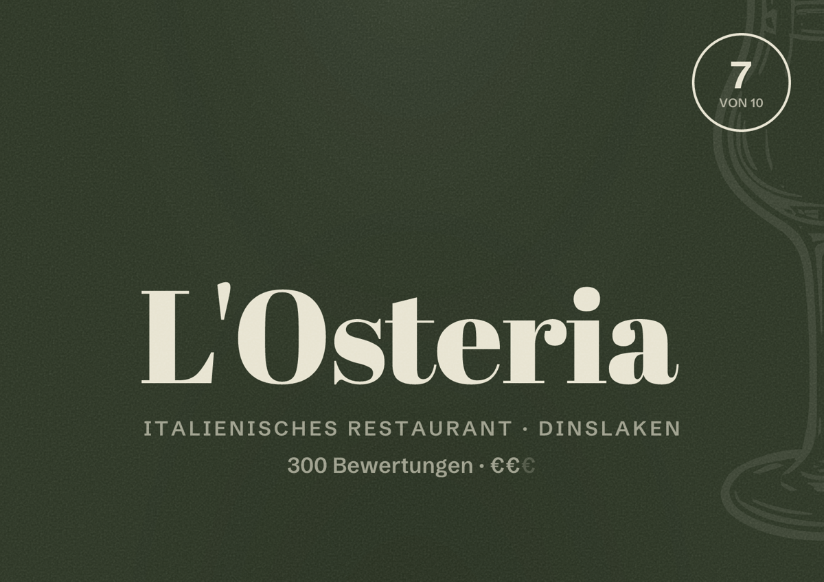 Illustriertes Poster von L'Osteria, Italienisches Restaurant in Dinslaken: Bewertung 7 von 10 aus 300 Bewertungen, Preisniveau €€